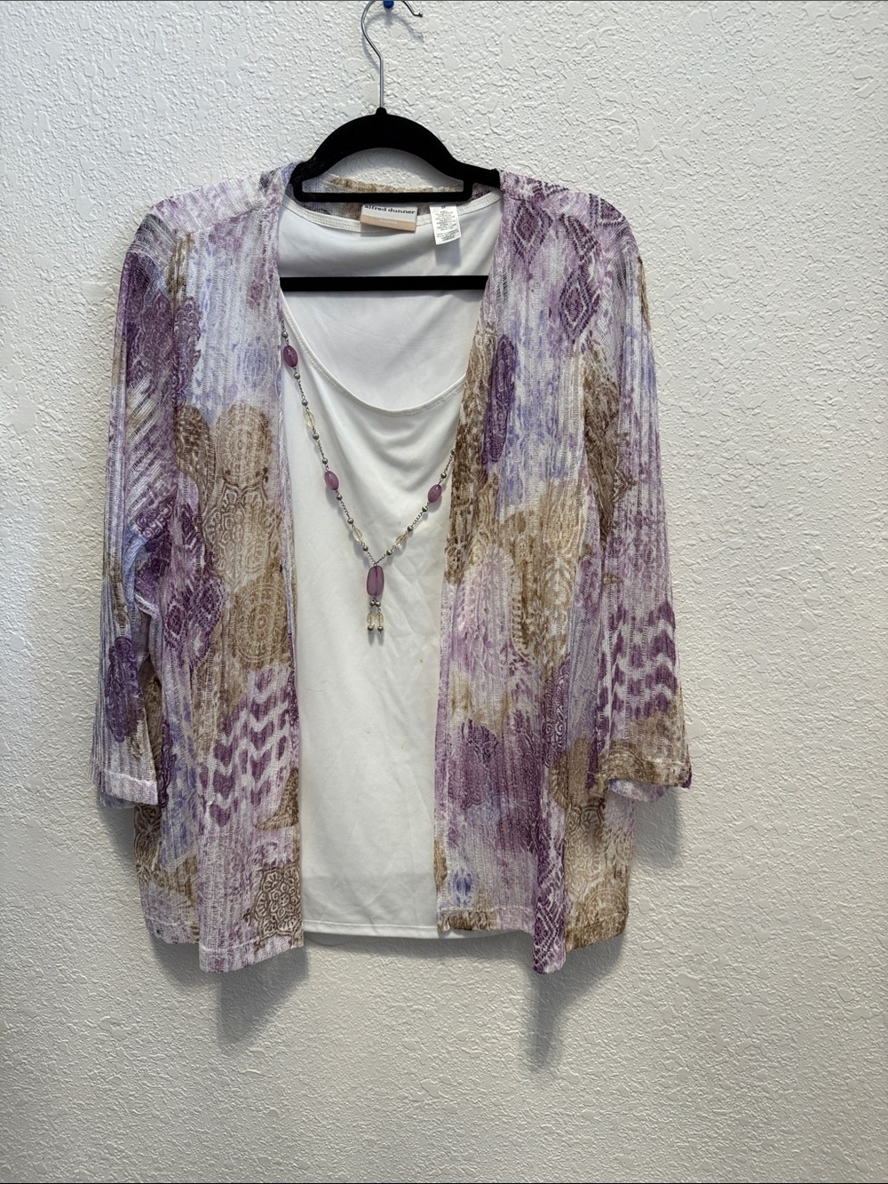 Alfred Dunner Purple, Cream & Brown Lightweight Printed Open Cardigan